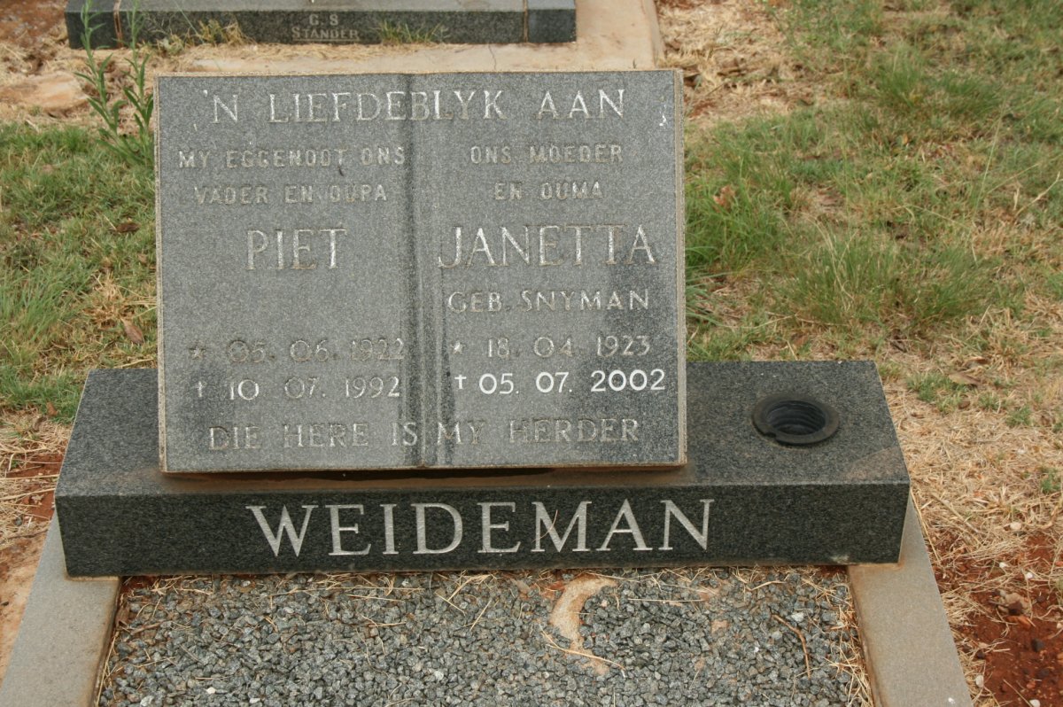 WEIDEMAN Piet 1922-1992 &amp; Janetta SNYMAN 1923-2002