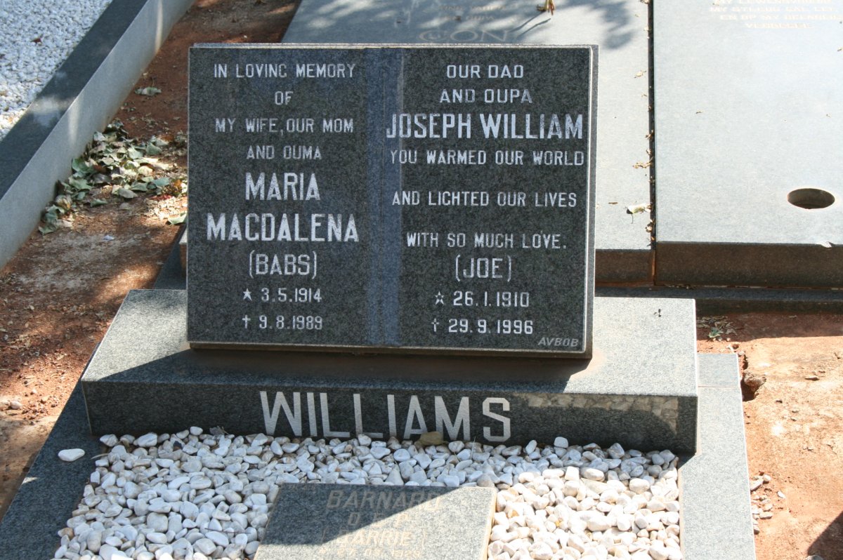 WILLIAMS Joseph William 1910-1996 &amp; Maria Magdalena 1914-1989