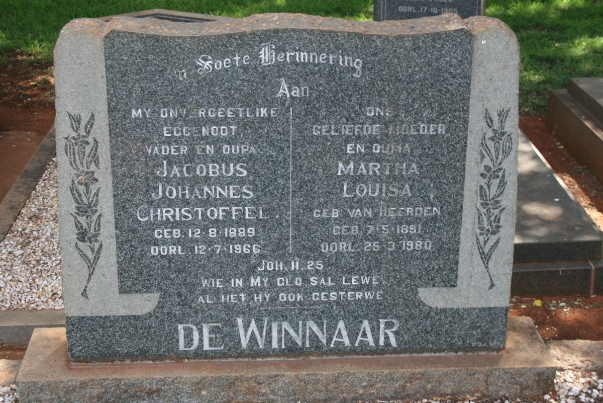 WINNAAR Jacobus Johannes Christoffel, de 1889-1966 &amp; Martha Louisa VAN HEERDEN 1891-1980