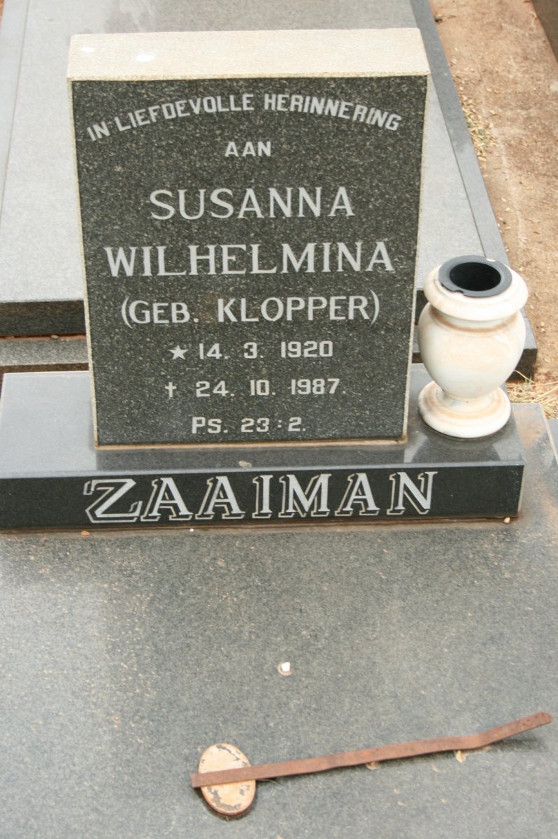 ZAAIMAN Susanna Wilhelmina nee KLOPPER 1920-1987