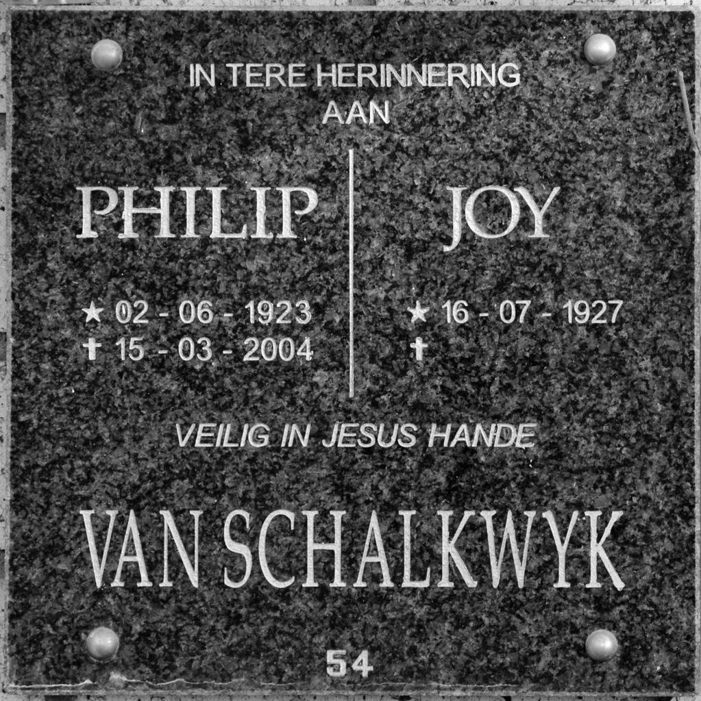 SCHALKWYK Philip, van 1923-2004 &amp; Joy 1927-