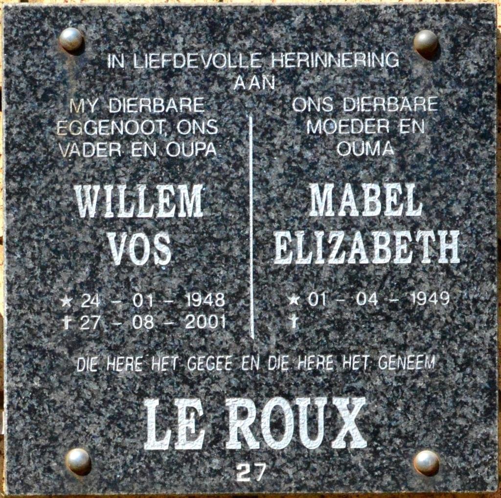 ROUX Willem Vos, le 1948-2001 &amp; Mabel Elizabeth 1949-