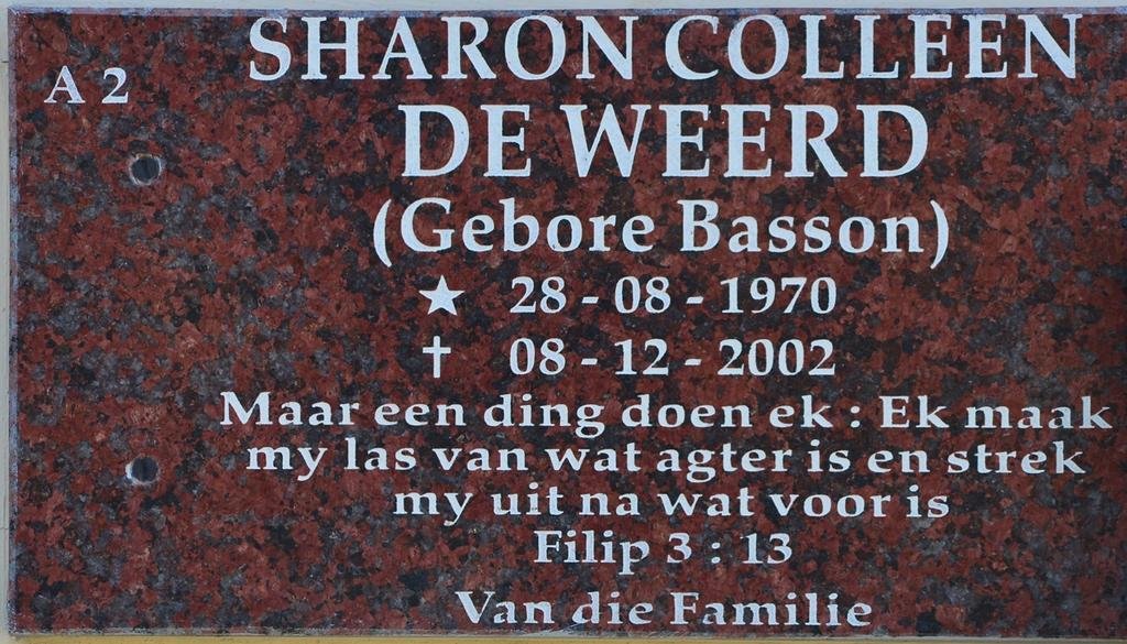 WEERD Sharon Colleen, de nee BASSON 1970-2002