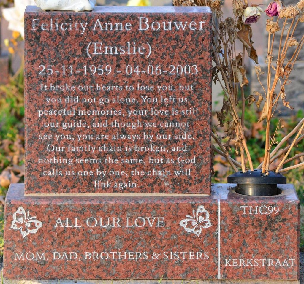 BOUWER Felicity Anne nee EMSLIE 1959-2003