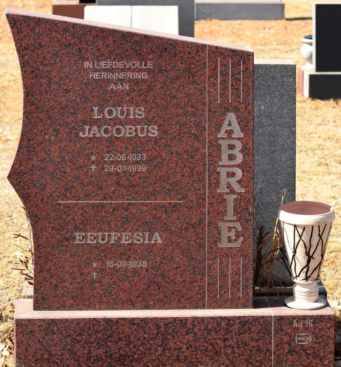ABRIE Louis Jacobus 1933-1999 &amp; Eeufesia 1938-