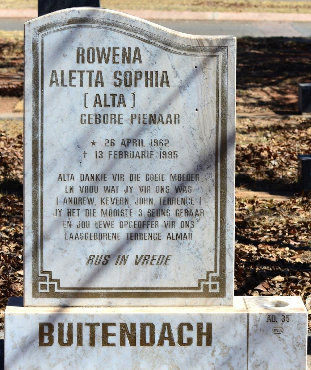 BUITENDACH Rowena Aletta Sophia nee PIENAAR 1962-1995