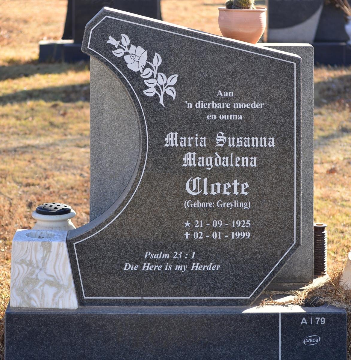 CLOETE Maria Susanna Magdalena nee GREYLING 1925-1999