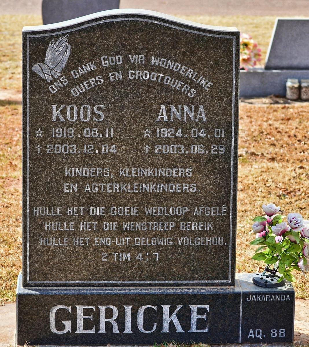 GERICKE Koos 1919-2003 &amp; Anna 1924-2003