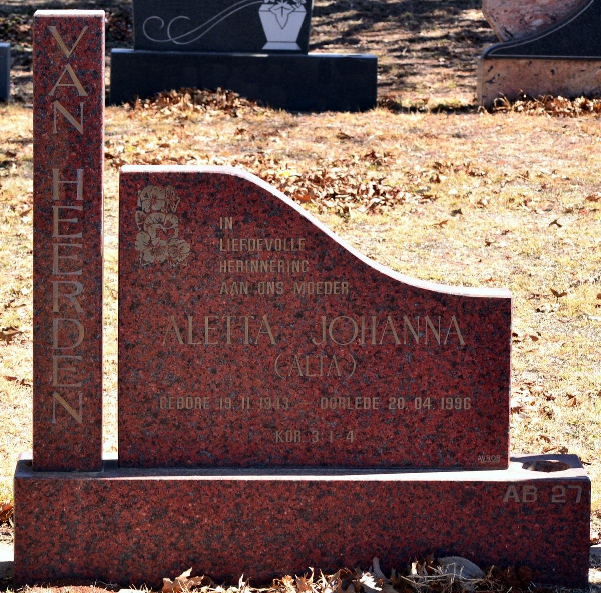 HEERDEN Aletta Johanna, van 1943-1996
