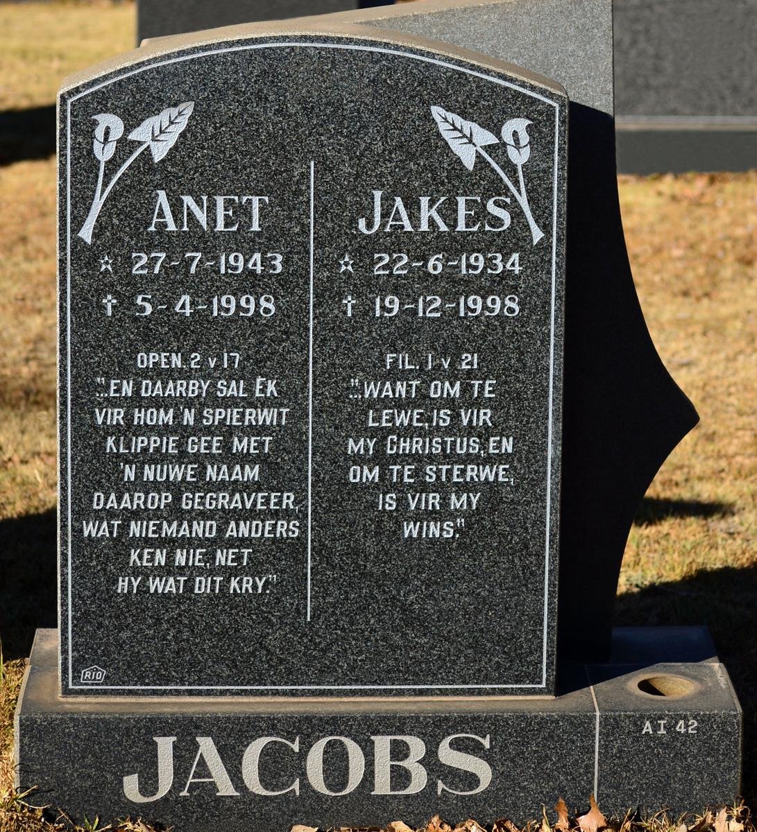 JACOBS Jakes 1934-1998 &amp; Anet 1943-1998