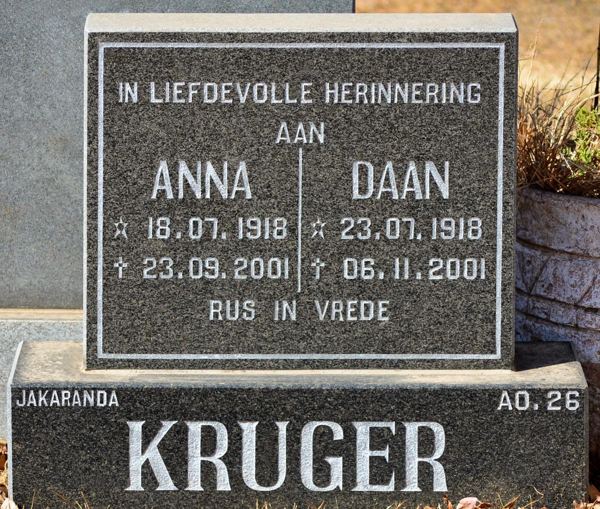 KRUGER Daan 1918-2001 &amp; Anna 1918-2001