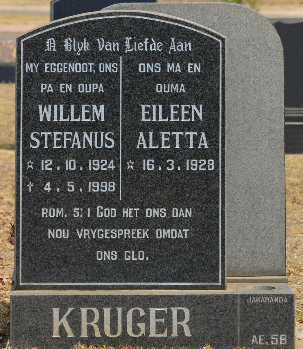 KRUGER Willem Stefanus 1924-1998 &amp; Eileen Aletta 1928-