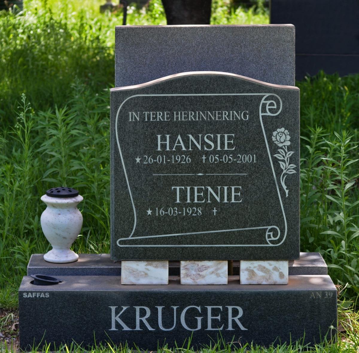 KRUGER Hansie 1926-2001 &amp; Tienie 1928-