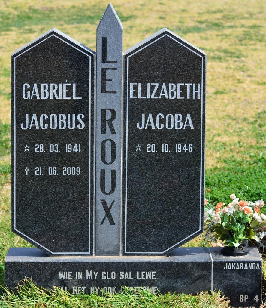 ROUX Gabriël Jacobus, le 1941-2009 &amp; Elizabeth Jacoba 1946-