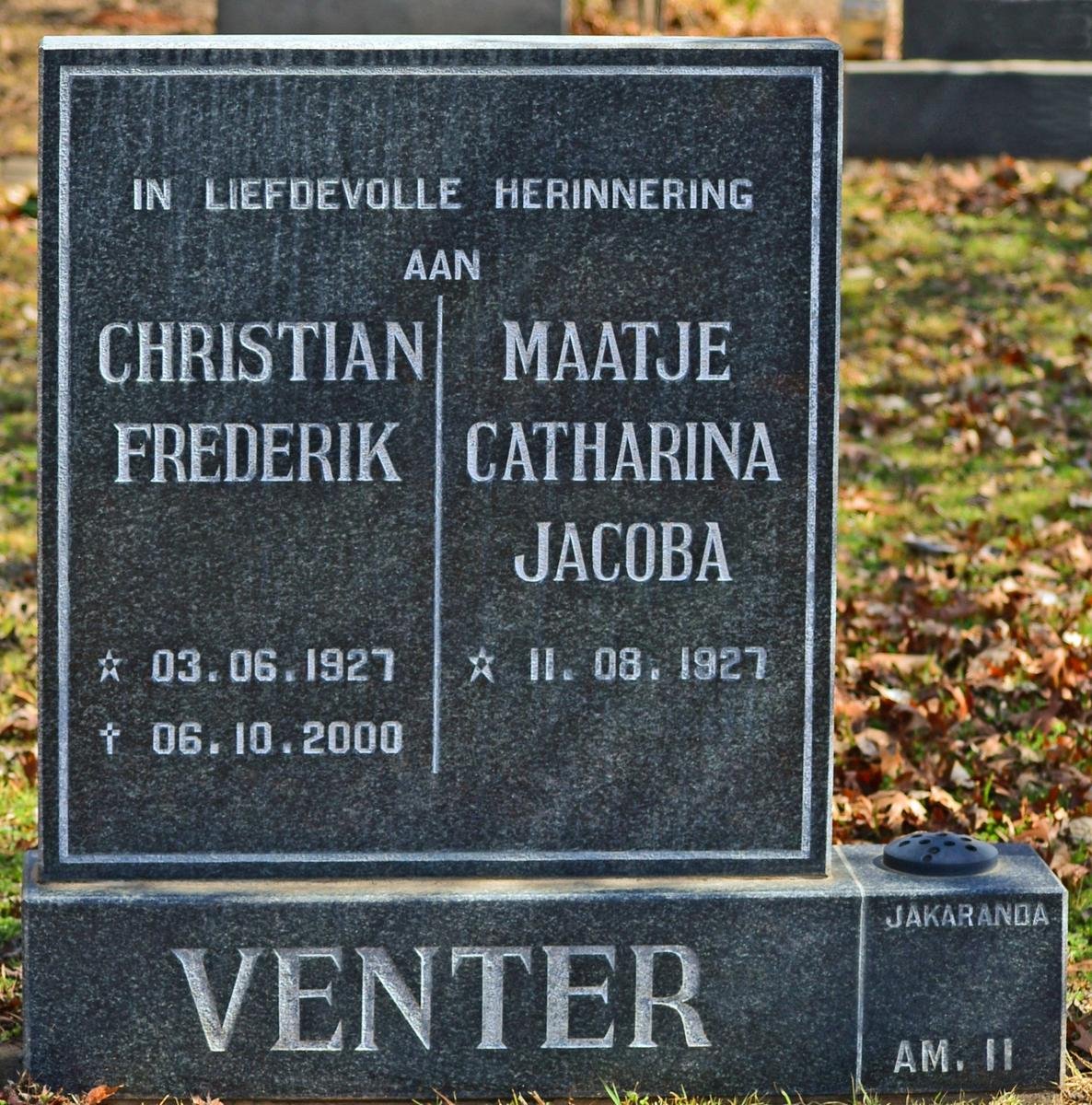 VENTER Christian Frederik 1927-2000 &amp; Maatje Catherina Jacoba 1927-