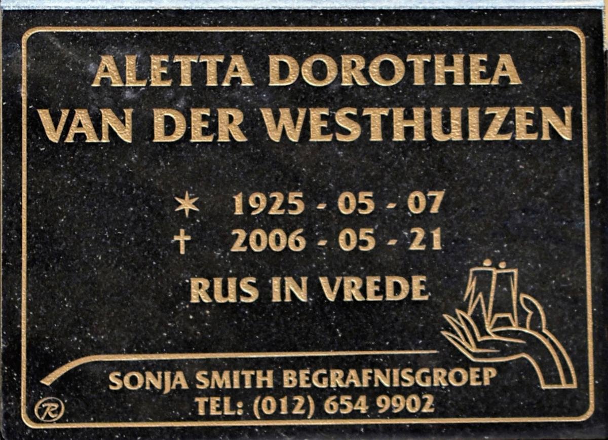 WESTHUIZEN Aletta Dorothea, van der 1925-2006