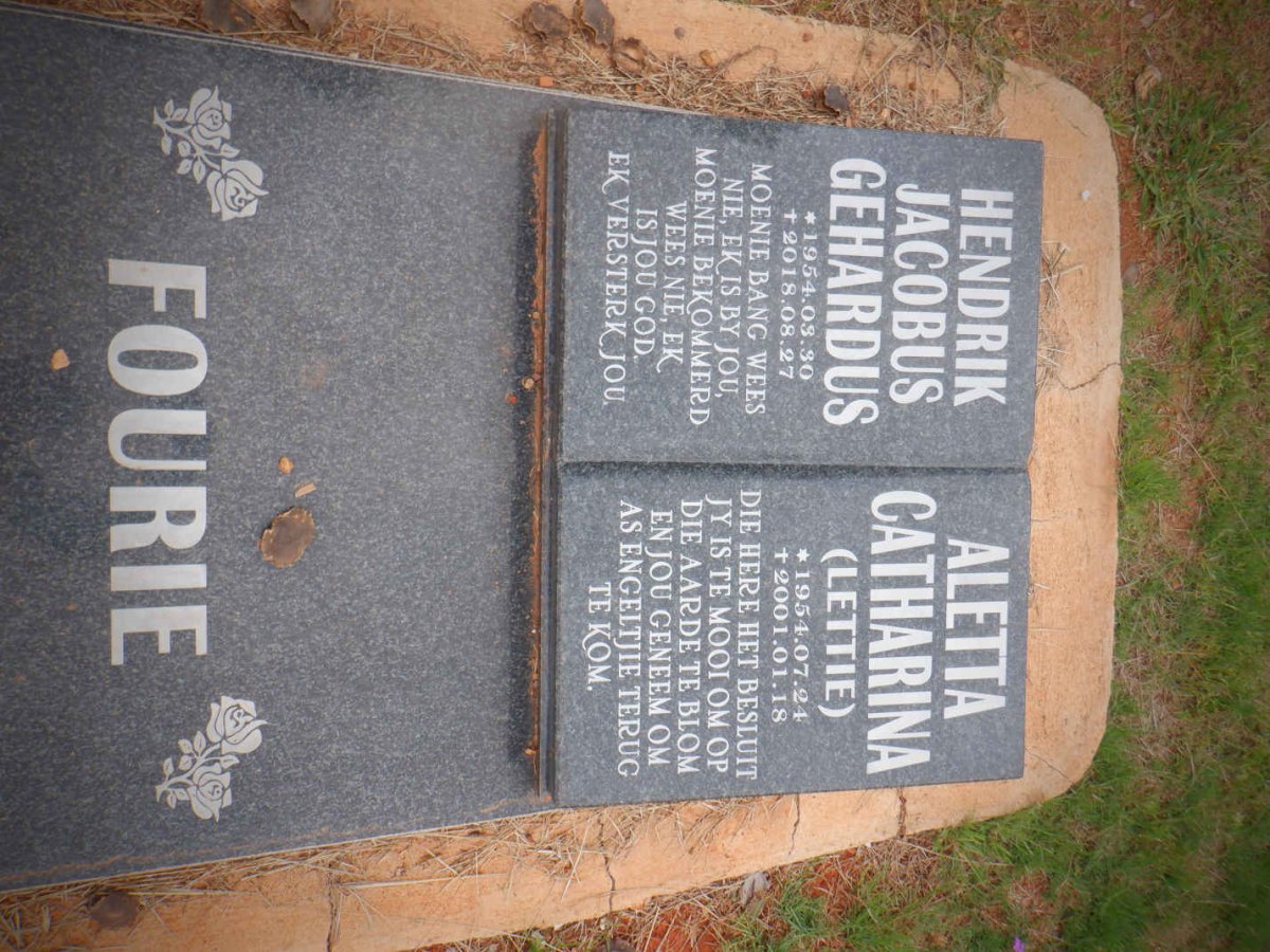 FOURIE Hendrik Jacobus Gerhardus 1954-2018 &amp; Aletta Catharina 1954-2001