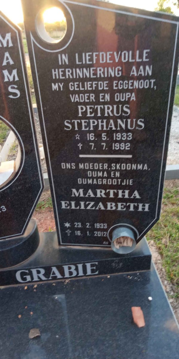 GRABIE Petrus Stephanus 1933-1992 &amp; Martha Elizabeth 1933-2012