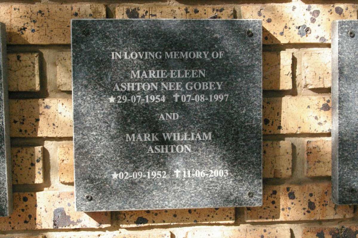 ASHTON Mark William 1952-2003 &amp; Marie Eleen GOBEY 1954-1997