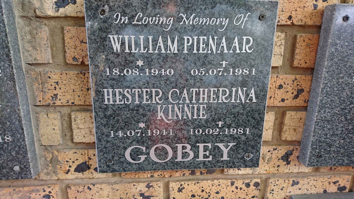 GOBEY William Pienaar 1940-1981 &amp; Hester Catharina KINNIE 1941-1981