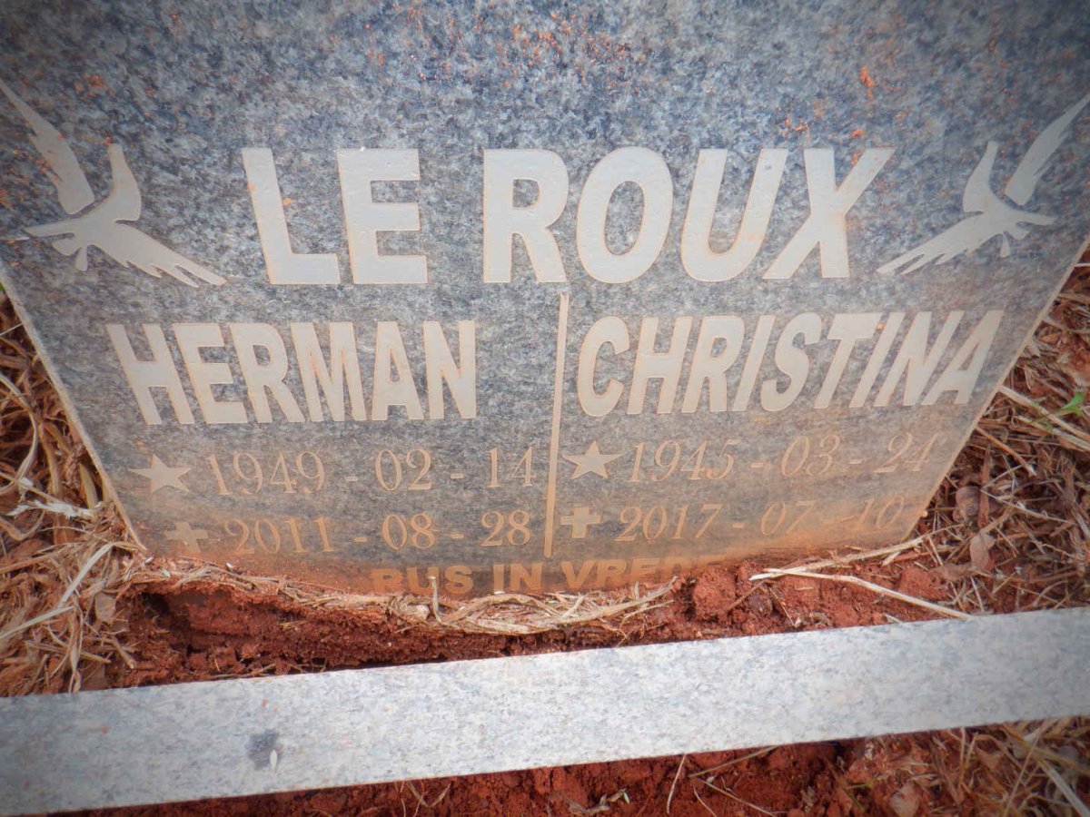 ROUX Hermanus Jacobus, le 1949-2011 &amp; Christina 1945-2017
