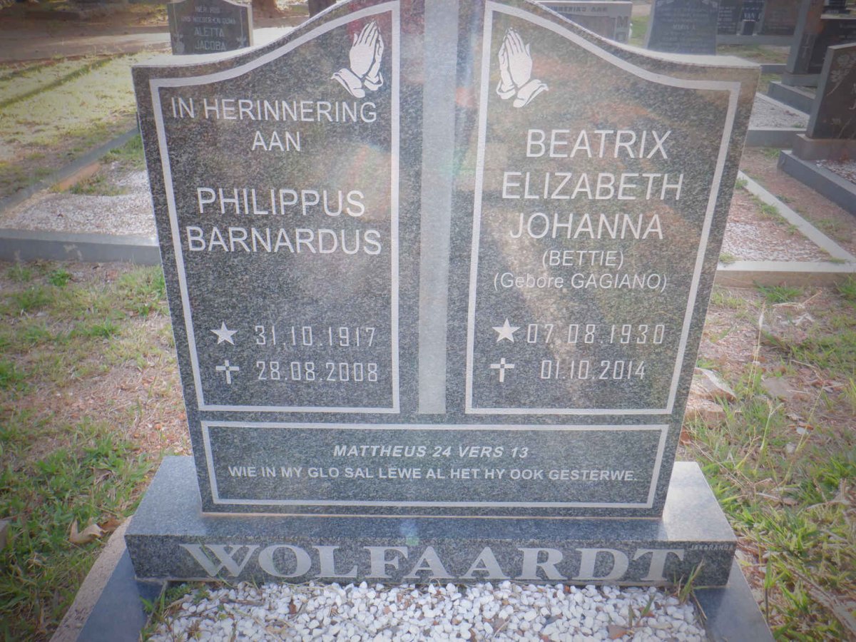 WOLFAARDT Philippus Barnardus 1917-2008 &amp; Beatrix Elizabeth Johanna GAGIANO 1930-2014