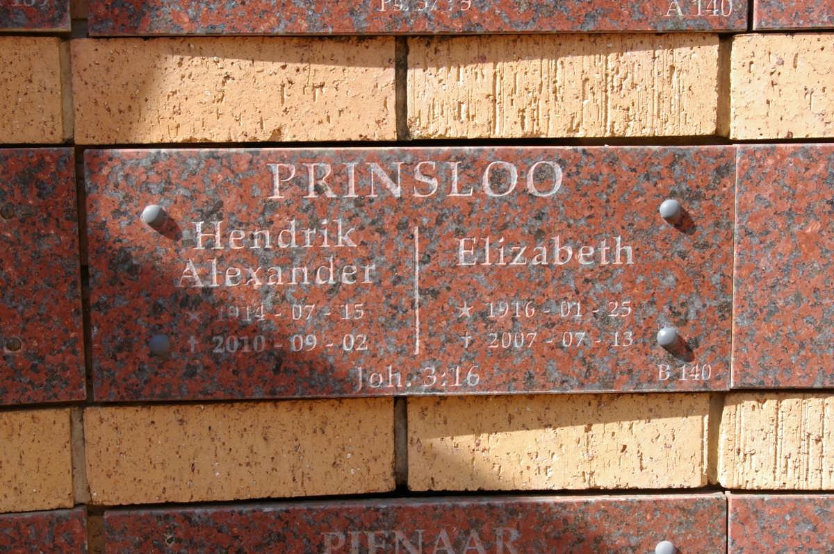 PRINSLOO Hendrik Alexander 1914-2010 &amp; Elizabeth 1916-2007