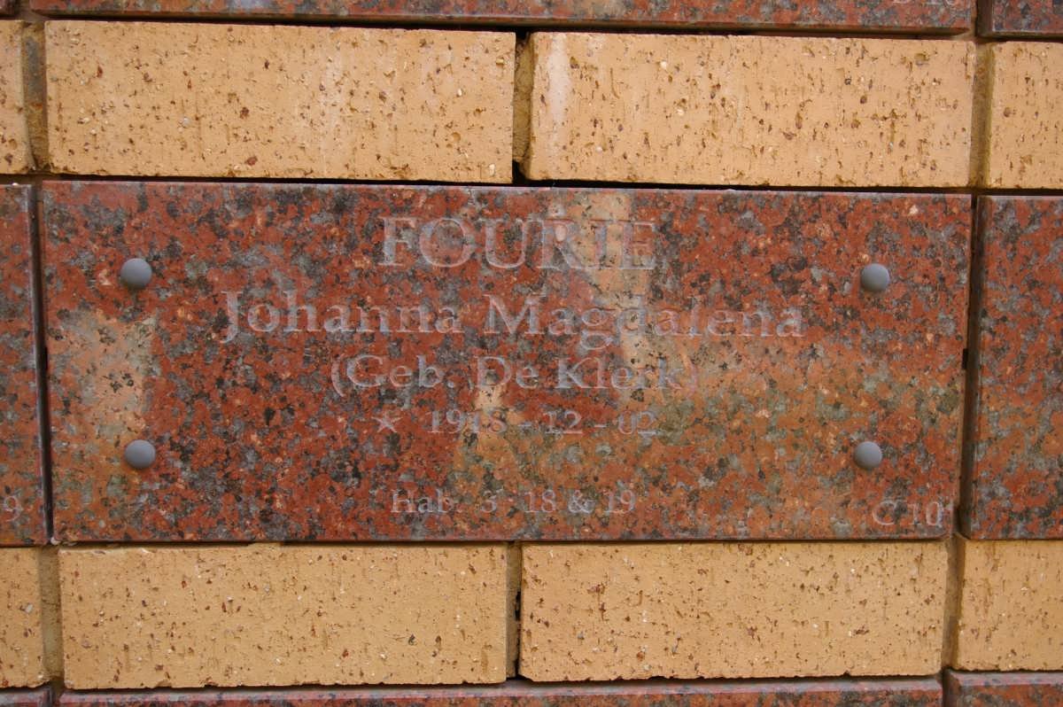 FOURIE Johanna Magdalena nee DE KLERK 19?8-