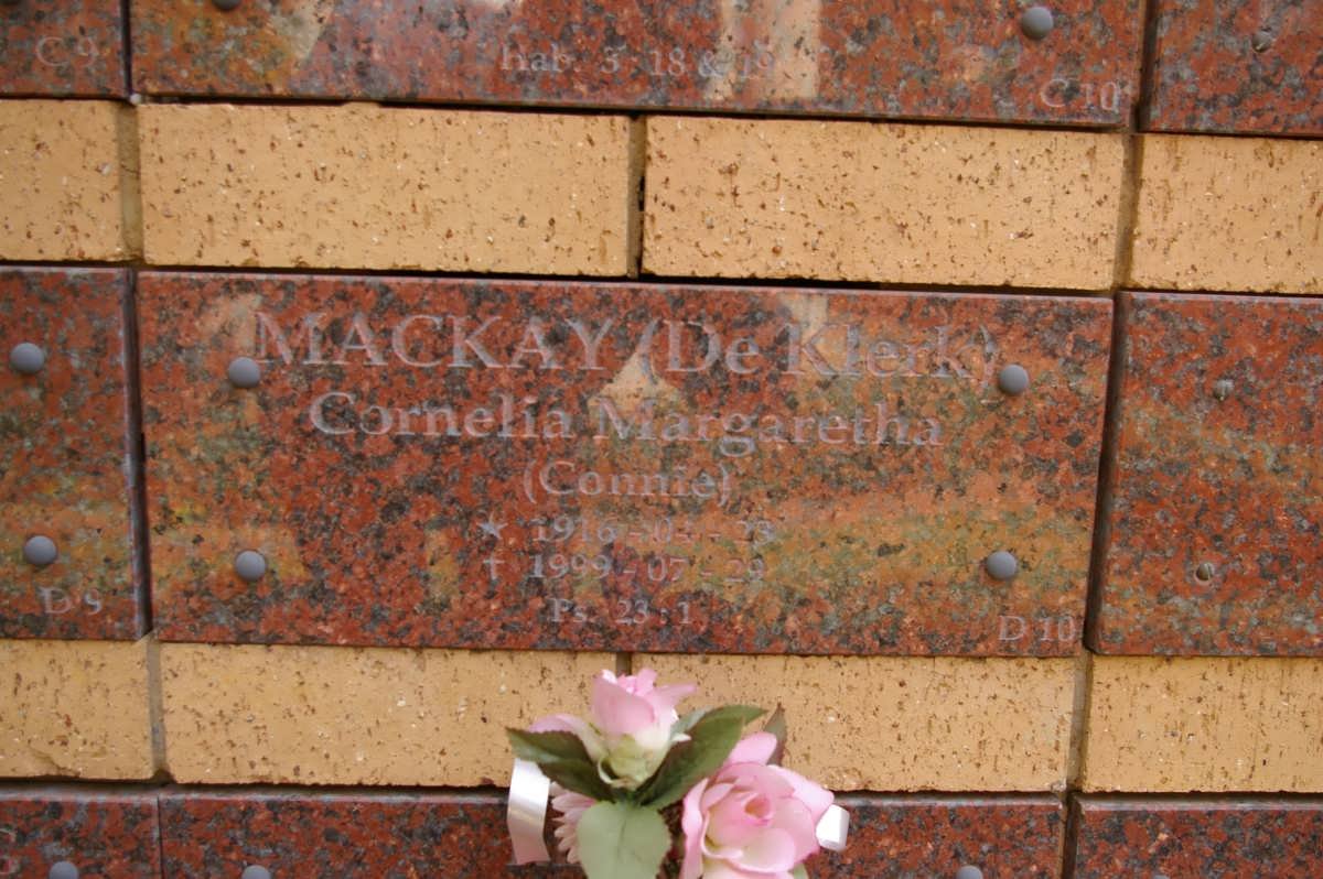 MACKAY Cornelia Margaretha nee DE KLERK 1916-1999