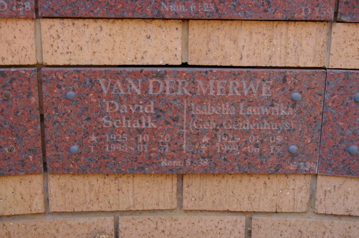 MERWE David Schalk, van der 1925-1998 &amp; Isabella Lauwrika GELDENHUYS 1925-1999