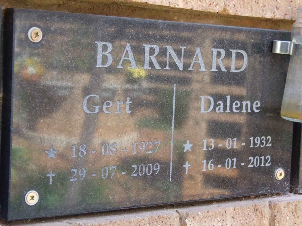 BARNARD Gert 1927-2009 &amp; Dalene 1932-2012