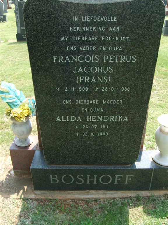 BOSHOFF Francois Petrus Jacobus 1909-1988 &amp; Alida Hendrika 1911-1990