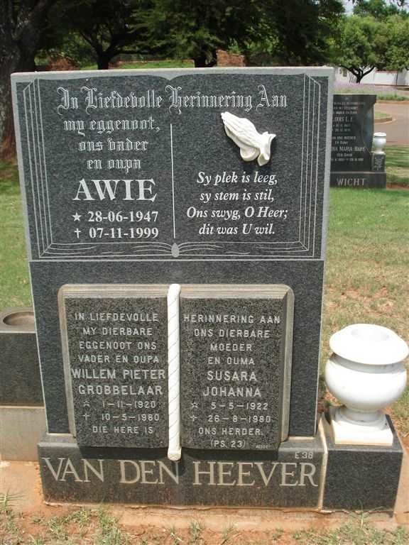 HEEVER Willem Pieter Grobbelaar, van den 1920-1980 &amp; Susara Johanna 1922-1980 :: VAN DEN HEEVER Awie 1947-1999