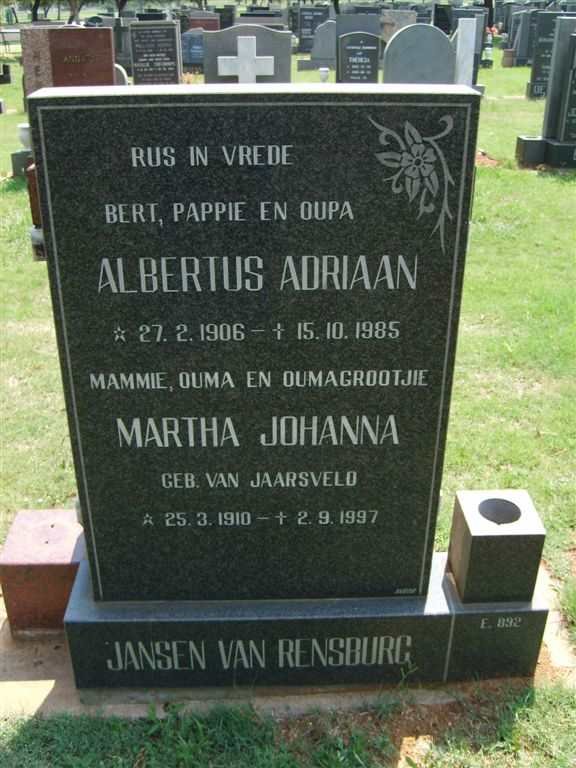 RENSBURG Albertus Adriaan, Jansen van 1906-1985 &amp; Martha Johanna VAN JAARSVELD 1910-1997