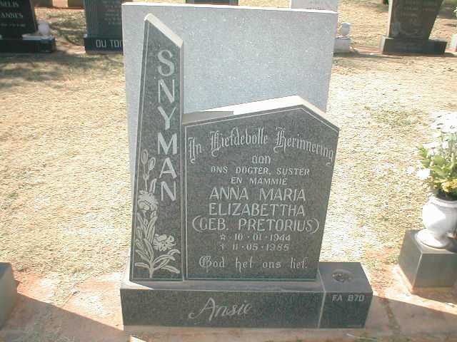 SNYMAN Anna Maria Elizabettha nee PRETORIUS 1944-1985