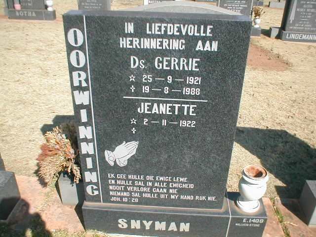 SNYMAN Gerrie 1921-1988 &amp; Jeanette 1922-