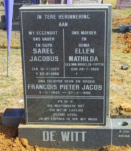 WITT Sarel Jacobus, de 1923-1995 &amp; Ellen Mathilda VAN NIKKELEN-KUYPER 1926- :: DE WITT Francois Pieter Jacob 1949-1996