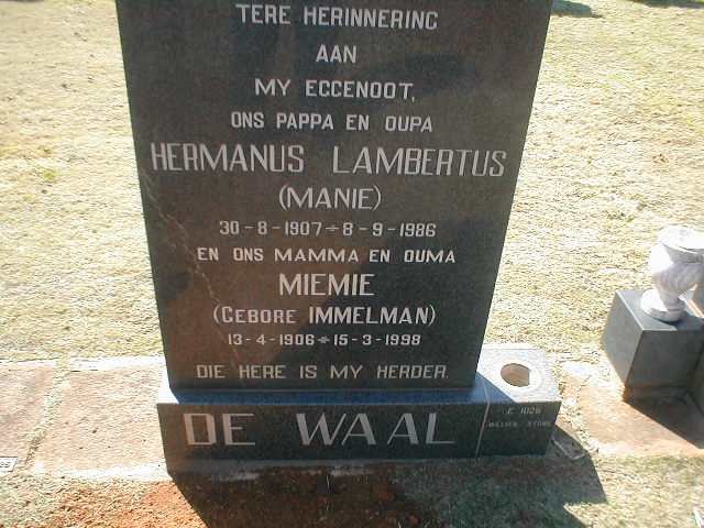 WAAL Hermanus Lambertus, de 1907-1986 &amp; Miemie IMMELMAN 1906-1998