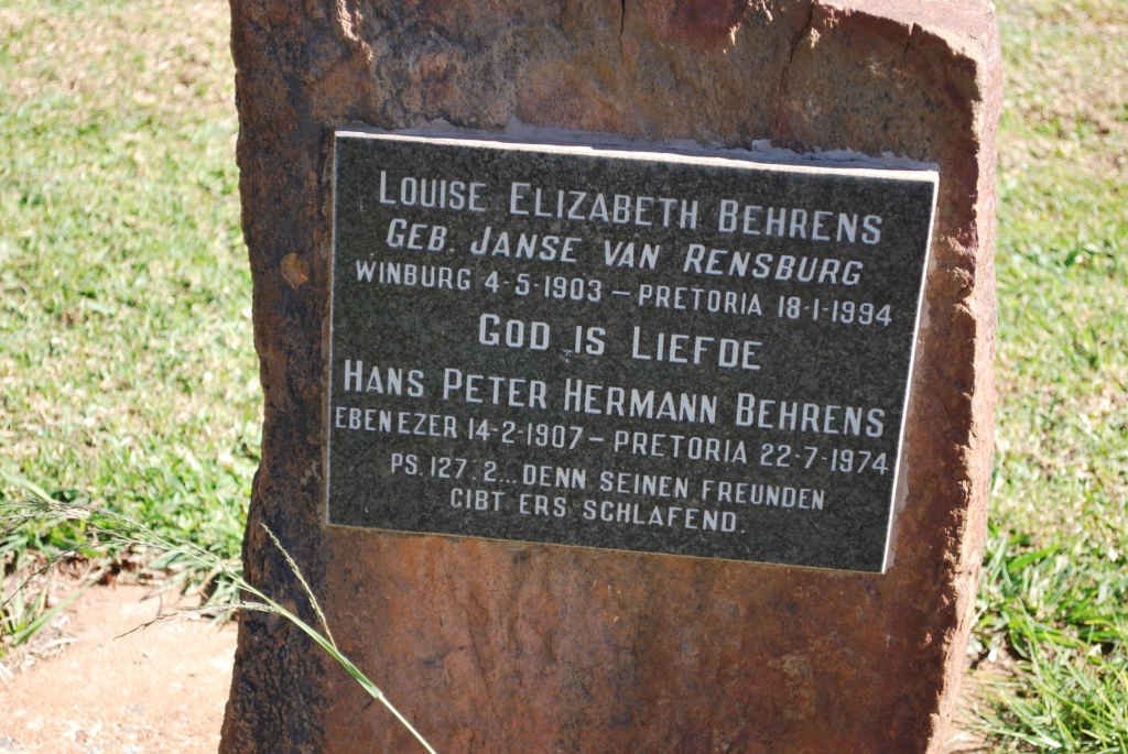 BEHRENS Hans Peter Hermann 1907-1974 &amp; Louise Elizabeth JANSE VAN RENSBURG 1903-1994