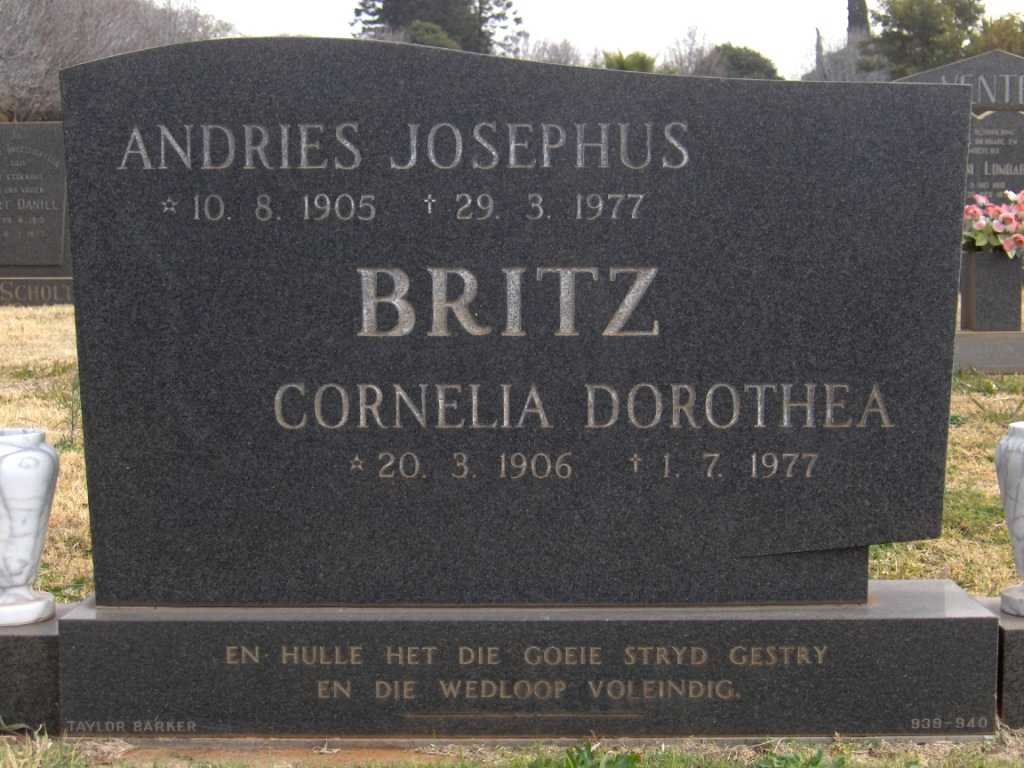 BRITZ Andries Josephus 1905-1977 &amp; Cornelia Dorothea 1906-1977