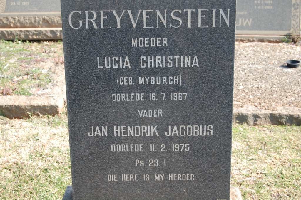GREYVENSTEIN Jan Hendrik Jacobus -1975 &amp; Lucia Christina MYBURGH -1967