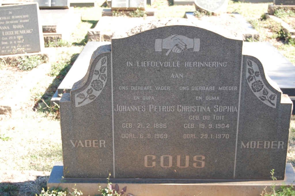 GOUS Johannes Petrus 1886-1969 &amp; Christina Sophia DU TOIT 1904-1970