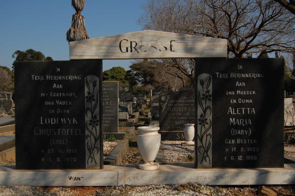 GRESSE Lodewyk Christoffel 1921-1978 &amp; Aletta Maria BESTER 1922-1988