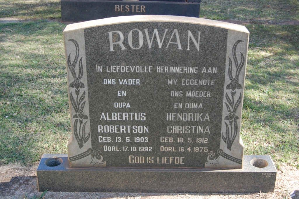 ROWAN Albertus Robertson 1903-1992 &amp; Hendrika Christina 1912-1975