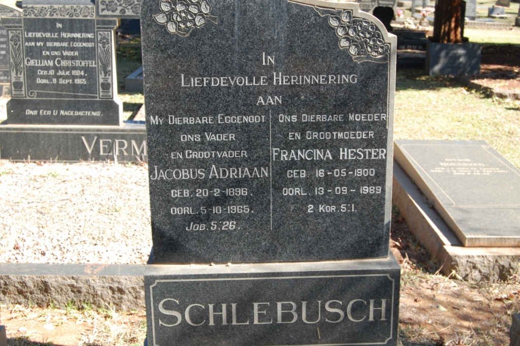 SCHLEBUSCH  Jacobus Adriaan 1896-1965 &amp; Francina Hester 1900-1989