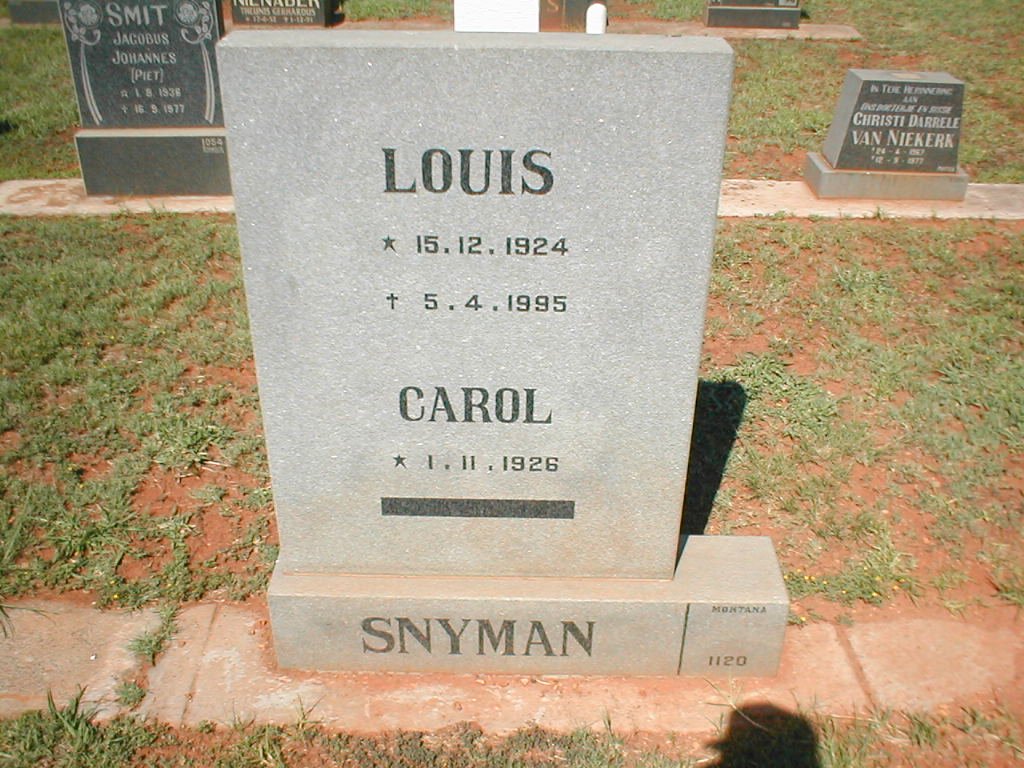 SNYMAN Louis 1924-1995 &amp; Carol 1926-