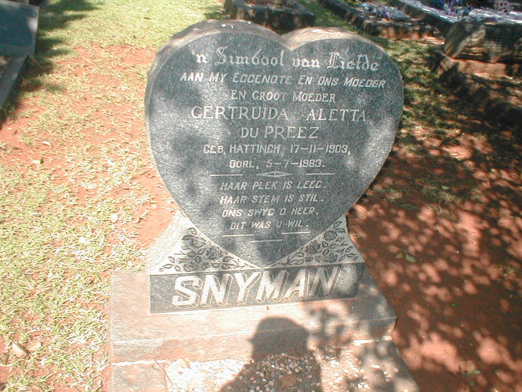 SNYMAN Gertruida Aletta du Preez geb. HATTINGH 1903-1983
