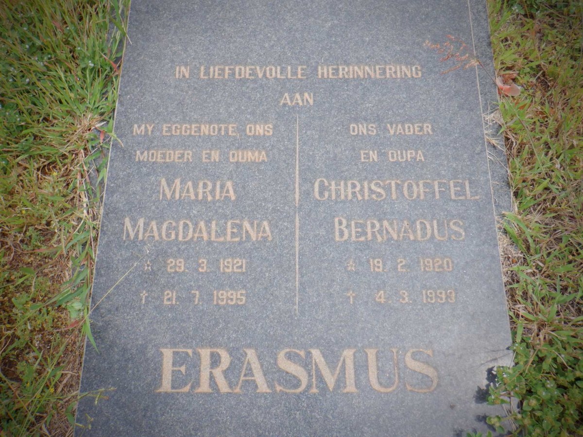 ERASMUS Christoffel Bernardus 1920-1993 &amp; Maria Magdalena 1921-1995