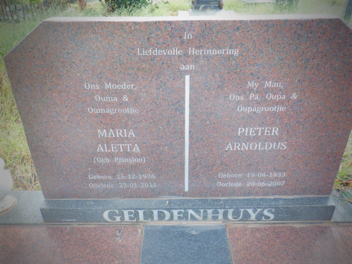 GELDENHUYS Pieter Arnoldus 1933-2007 &amp; Maria Aletta PRINSLOO 1936-2011