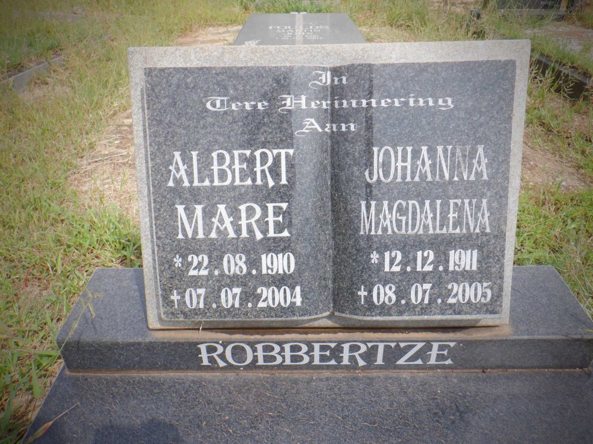 ROBBERTZE Albert Mare 1910-2004 &amp; Johanna Magdalena 1911-2005